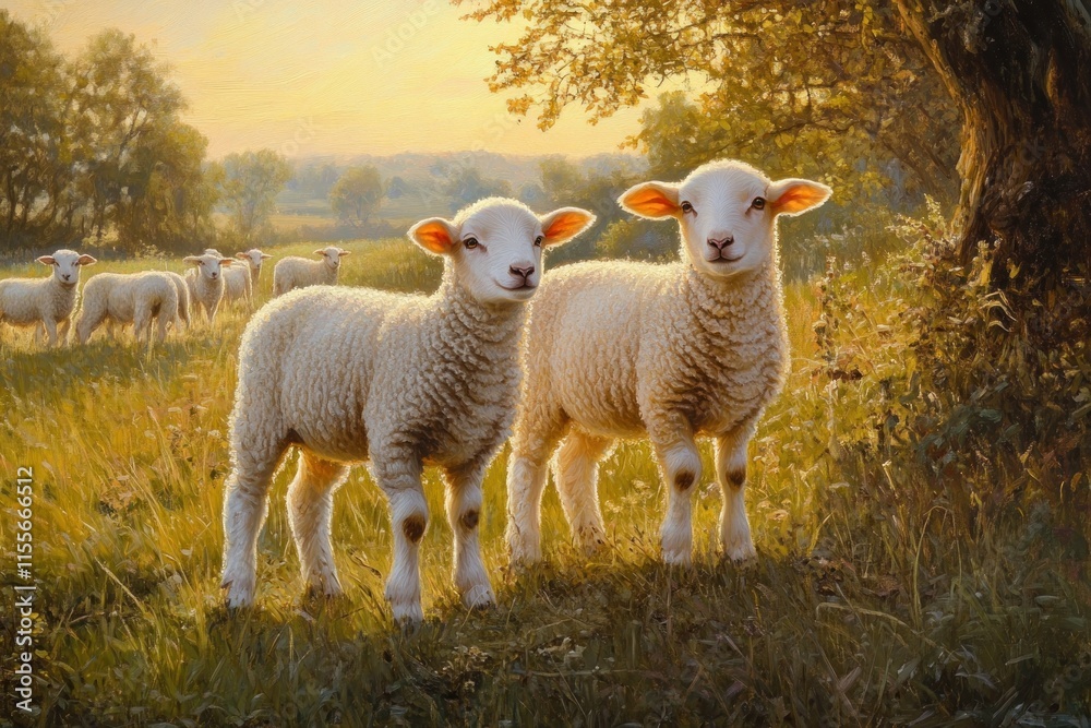 Poster two adorable lambs stand in a sunlit pasture with a flock of sheep in the background.