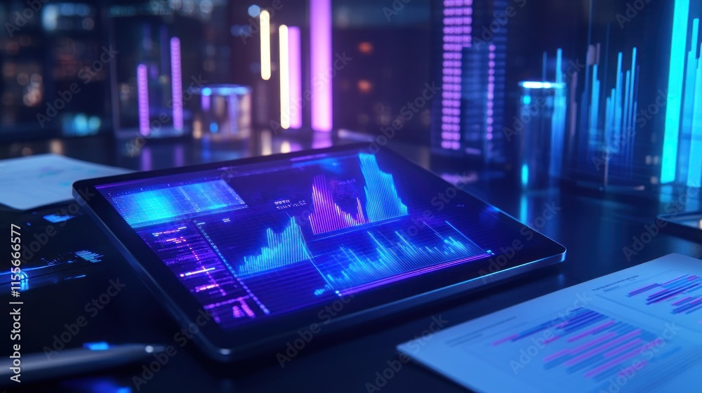 Leinwandbilder futuristic tablet displaying financial data graphs and charts in a modern office setting.