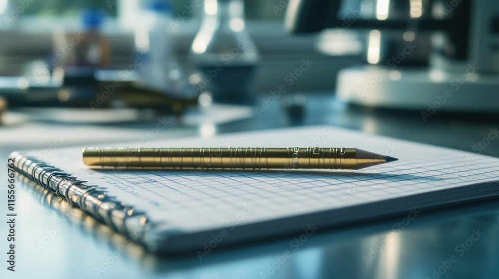 Poster gold pencil on notebook in science lab.