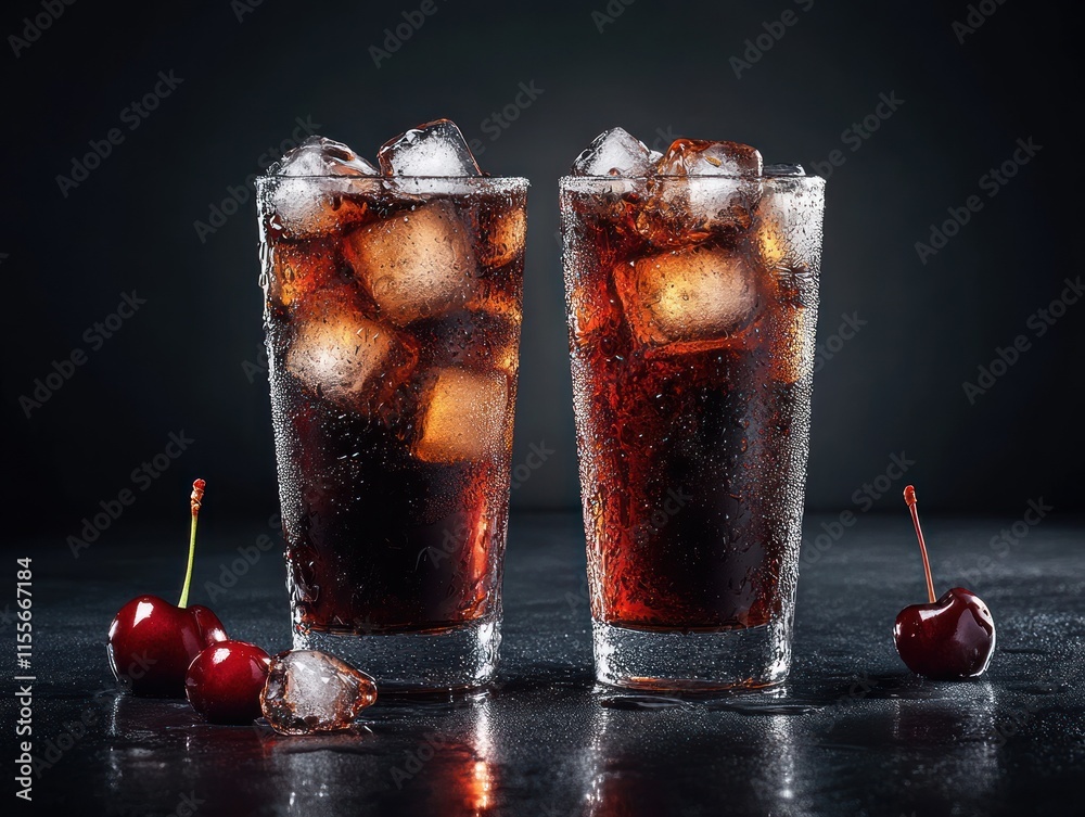 Poster two glasses of cola with ice and cherries.