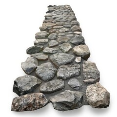 Stone paved path vanishing into the horizon on a white background, creating a concept of journey, history, and perspective