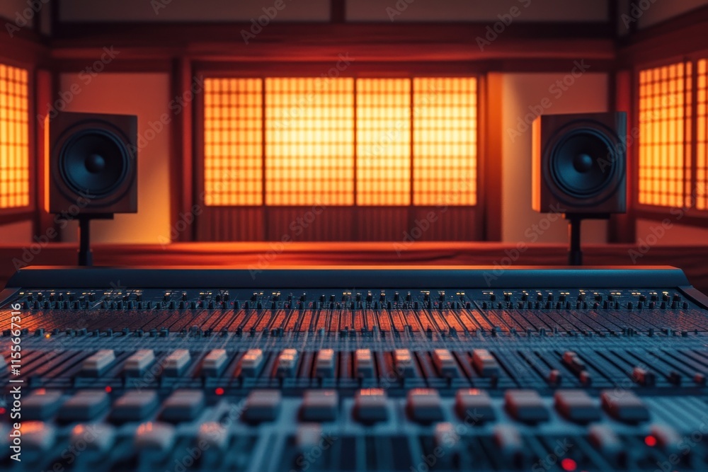 Poster Mixing console in a serene Japanese-style recording studio.
