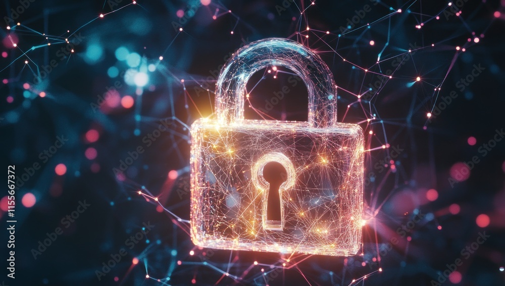 Poster glowing digital padlock in network.