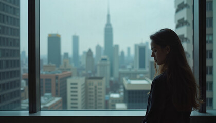 Fototapeta premium The woman looked down at the panoramic window with an overcast urban landscape in cold colors