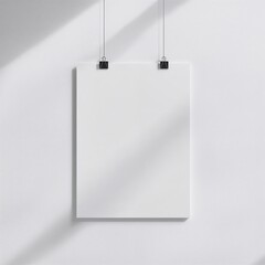  Blank white poster hanging on wall with clips.