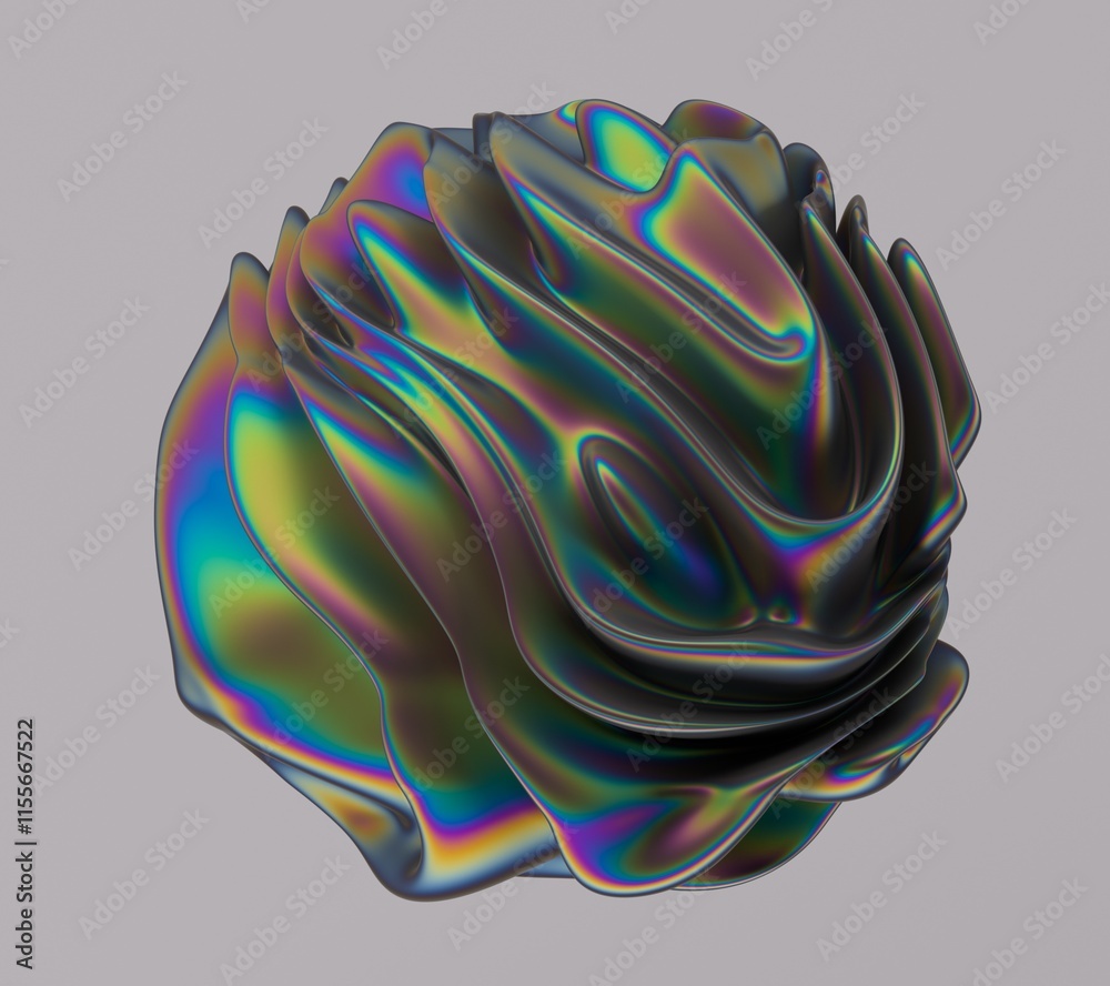 Poster Holographic glossy sphere with ripples and distortions on the surface with rainbow iridescences. Abstract 3D illustration of futuristic glitchy blob.