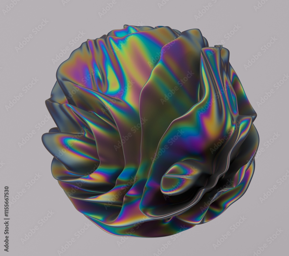 Poster holographic glossy sphere with ripples and distortions on the surface with vibrant rainbow iridescen