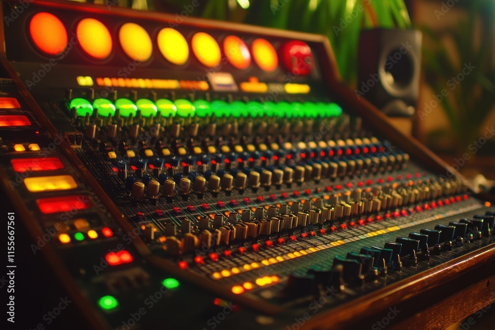 Poster Vintage audio mixing console with illuminated knobs and meters in a recording studio.