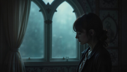 a woman on the background of an arched window, fog outside, weak light