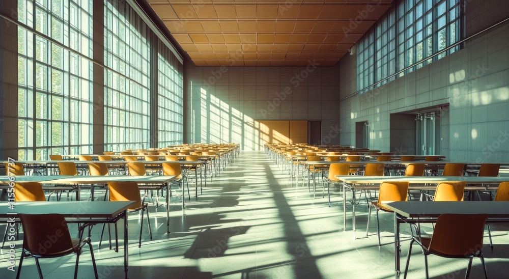 Poster sunlit modern hall with numerous tables and chairs.