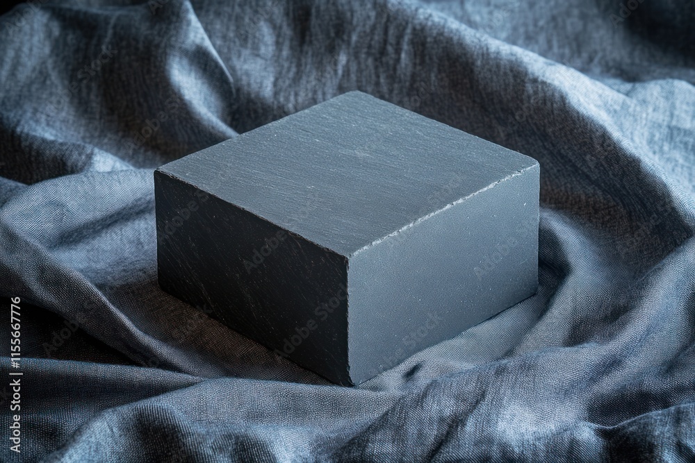 Poster dark gray square stone block on crumpled fabric.