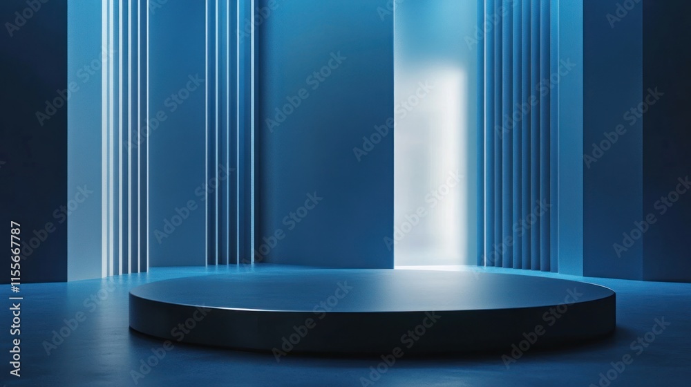 Poster dark blue minimalist product display platform with glowing background.