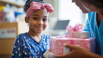 Young african female child receiving pink gift box with bow from adult
