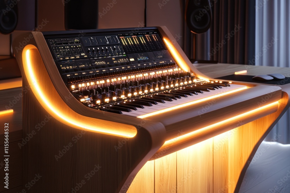 Poster Illuminated wooden music console with keyboard and controls in a home studio.