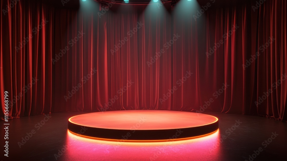 Poster illuminated circular stage with red curtains and spotlights.