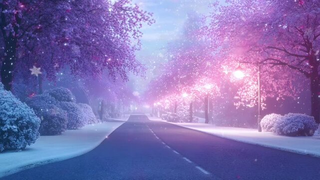 A dreamy winter street lined with cherry blossom trees covered in snow, creating a magical and peaceful atmosphere under soft evening lights.