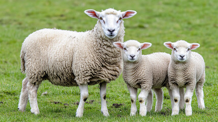 Obraz premium Ewe and Two Lambs in a Serene Pasture Setting