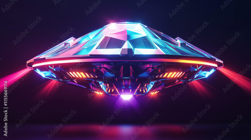 Poster a hologram of a ufo. ufo of polygons, triangles of points and lines. alien lowpoly connection struct