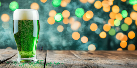 St. Patrick's Day green beverage resting on a rustic wooden table with a vibrant bokeh background during a celebration event