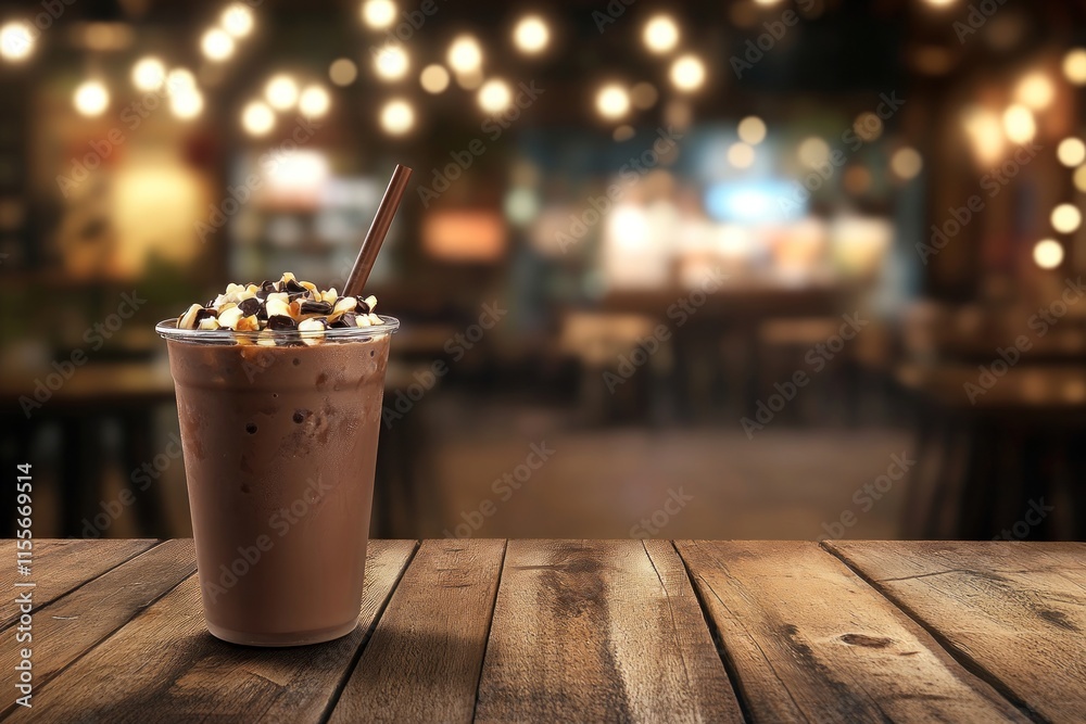 Poster iced chocolate drink with caramel and nuts topping on wooden table in cafe.