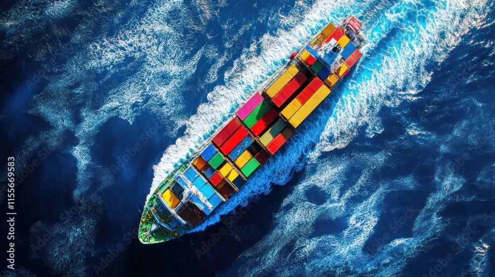 Poster Aerial view of a colorful container ship sailing on a deep blue ocean.