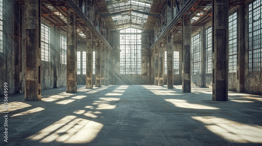 Poster sunbeams illuminate a vast, empty industrial space with aged concrete floor and large windows.