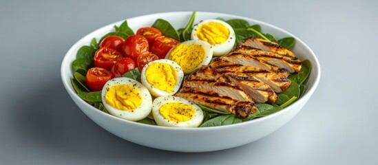 Grilled chicken, hard-boiled eggs, cherry tomatoes, and spinach salad in a bowl.