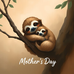 Mother and baby sloth perched on a tree branch, surrounded by tropical foliage