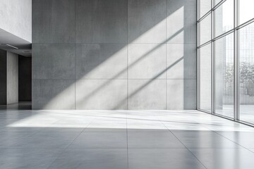 Obraz premium Abstract interior design of modern showroom with empty white concrete floor and gray wall.
