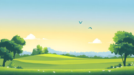 Serene Summer Landscape with Rolling Green Hills and Birds