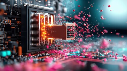 Explosive data transfer event technology lab digital artwork futuristic environment close-up view innovation