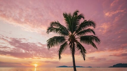 Beautiful sunset tropical beach with palm tree and pink sky for travel and vacation in holiday...