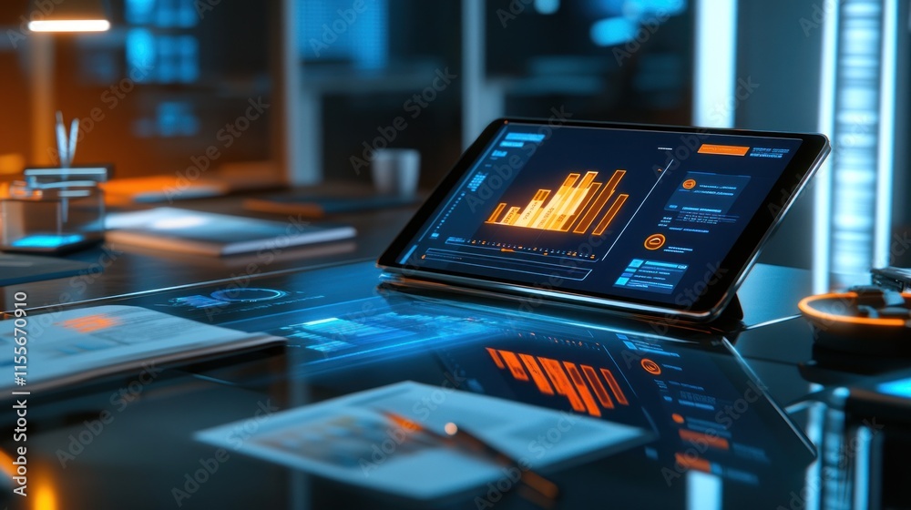 Aufkleber Futuristic tablet displaying data analytics graphs on a modern desk.