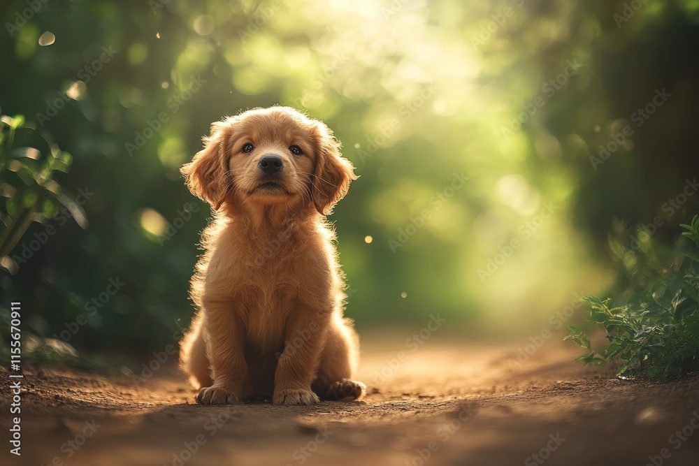 Poster adorable golden puppy sitting on a path in a sunlit forest.