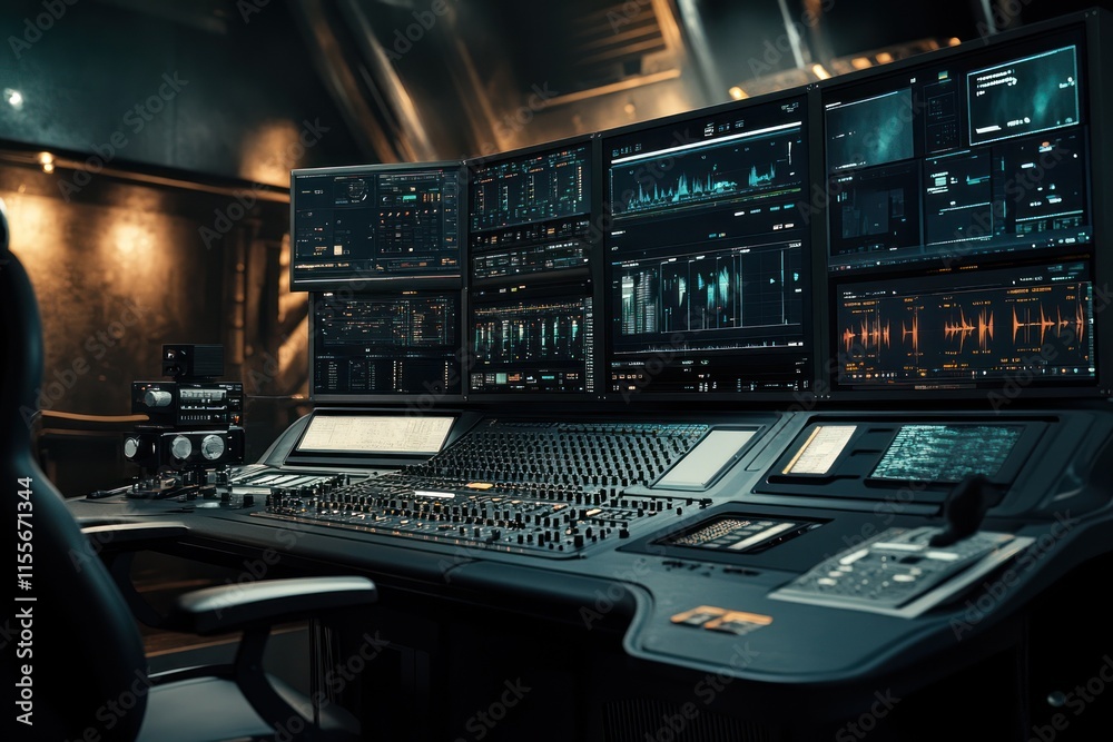 Poster Futuristic control room with multiple monitors displaying data and graphs.