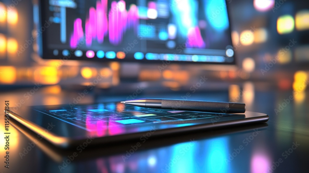 Poster Tablet and pen on desk with stock market data displayed on a computer screen in the background.