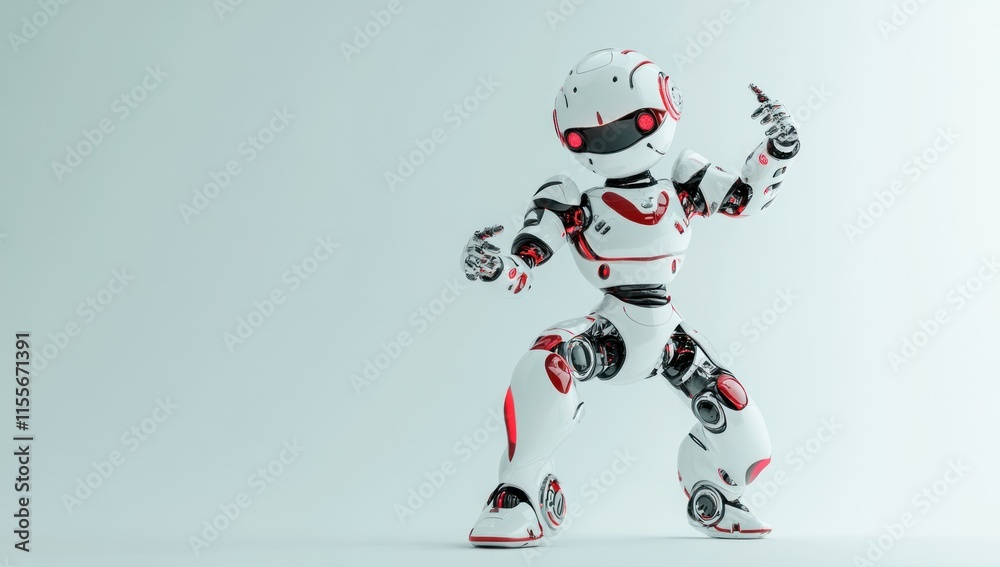 Poster a futuristic, white and red robot in a fighting pose against a white background.