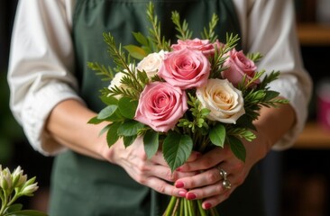 A woman florist in a apron holds a lovely bouquet