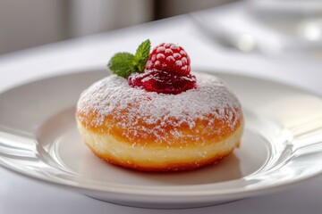 Sweet donut topped with raspberries and glaze on white plate
