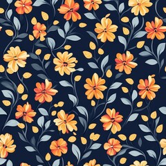 Vibrant Floral Pattern with Colorful Flowers and Leaves on a Dark Background, Perfect for Fabric Design, Home Decor, and Creative Projects