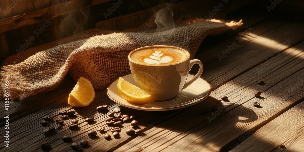 Poster steaming latte art coffee cup with lemon on rustic wooden table.
