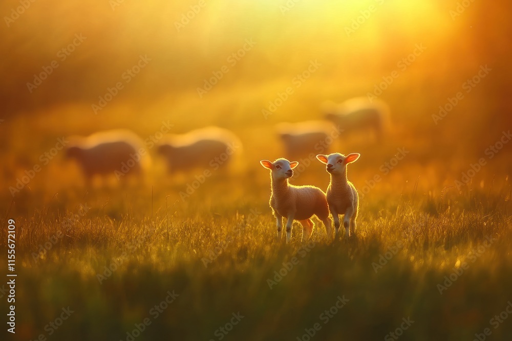 Poster two lambs in a field at sunset, backlit by golden light, with a flock of sheep in the background.