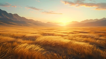 Obraz premium Golden Hour in the Mountain Meadow: A Serene Sunset Landscape