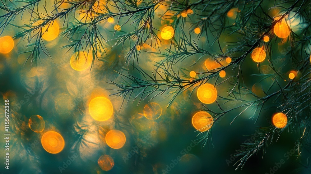 Poster glowing orbs illuminate evergreen branches, creating a magical, atmospheric scene.