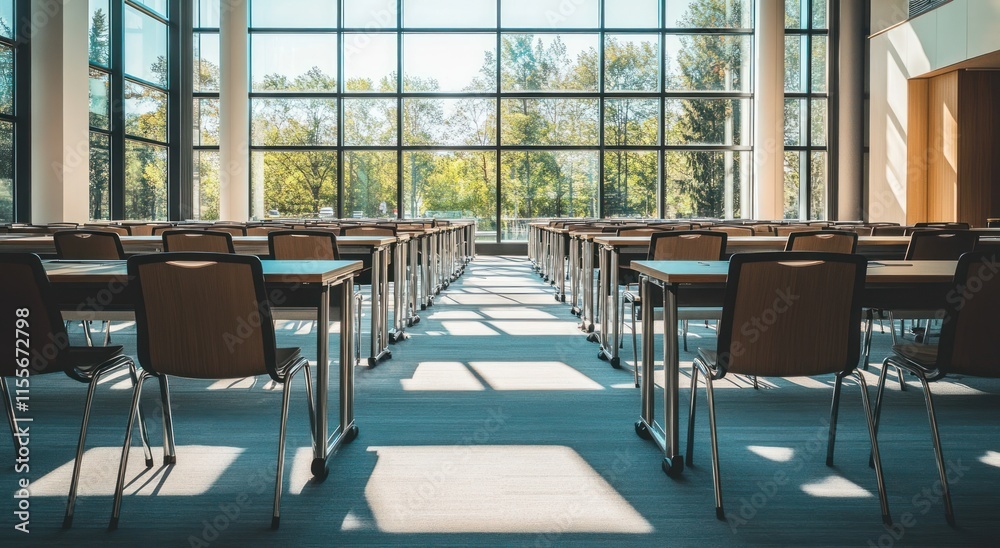 Aufkleber sunlit empty conference room with rows of tables and chairs, overlooking a green landscape through l