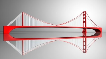 Red suspension bridge reflected in calm water.