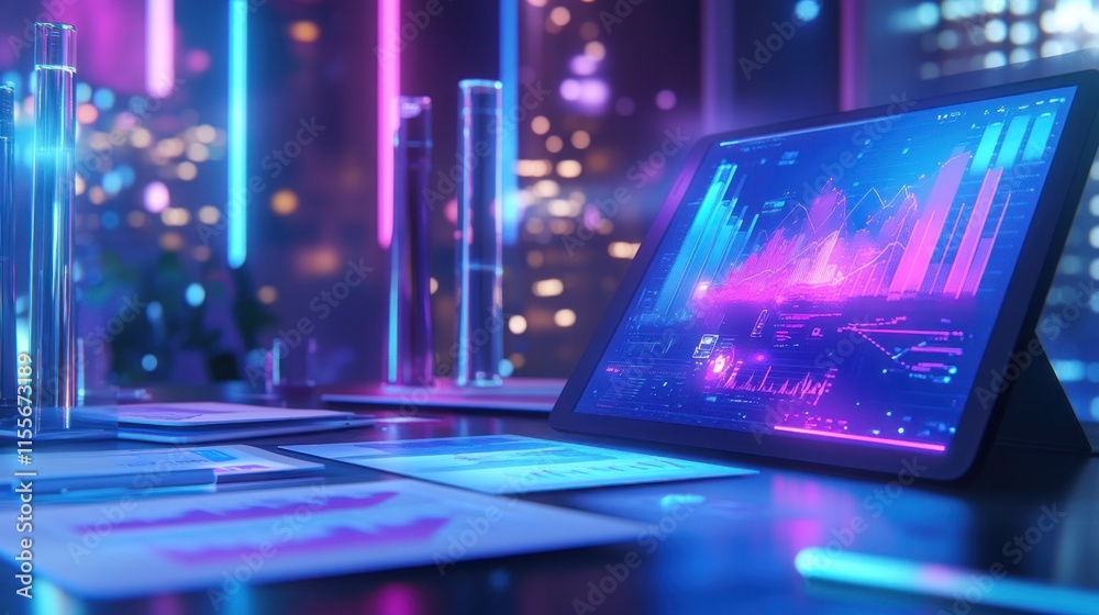 Poster Futuristic tablet displaying vibrant data graphs on a desk with lab equipment, at night.