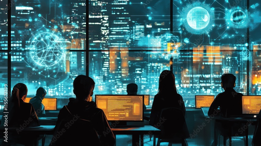 Poster Students coding in a classroom at night, overlooking a futuristic city skyline with digital network overlays.
