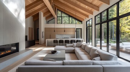 Modern open-plan living room with large windows, fireplace, and sectional sofa.