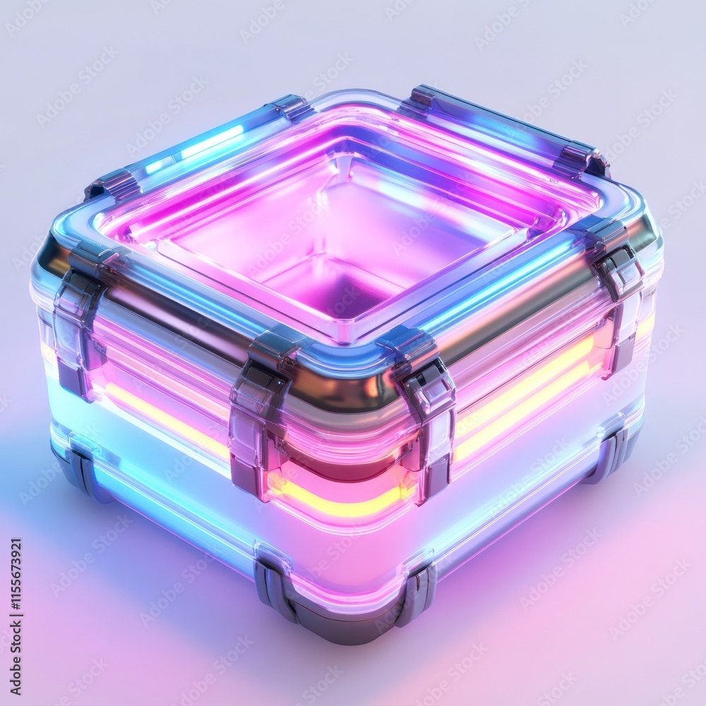 Aufkleber glowing neon cube with metallic frame.